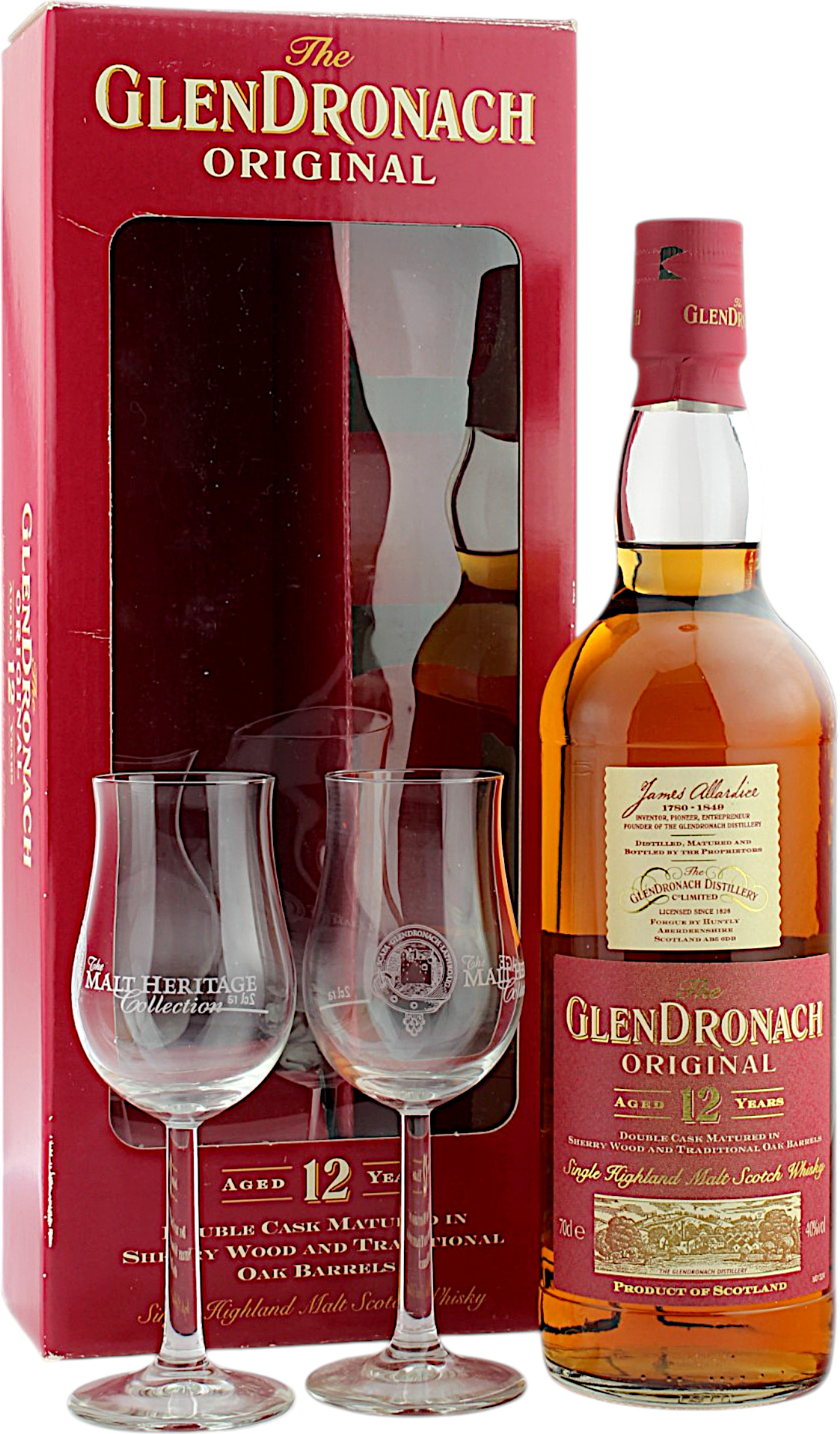 Glendronach 12 Jahre ca 2000er Abfüllung Geschenkset mit 2 Gläsern 40.0% 0,7l