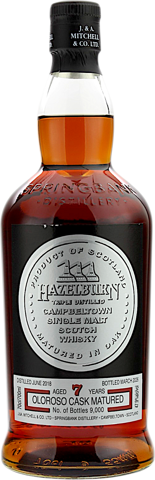 Hazelburn 7 Jahre 2018/2026 Oloroso Cask Single Malt Scotch Whisky aus Campbeltown mit 47,9 % Vol. Sieben Jahre gereift im Oloroso Sherryfass mit Aromen von Rosinen, Trockenfrüchten, dunkler Schokolade, gerösteten Nüssen, Gewürzen und feiner Eiche.