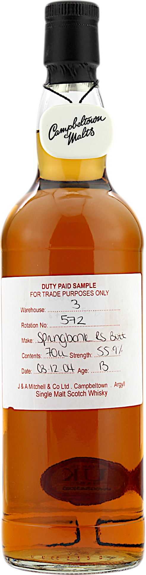 Springbank 13 Jahre 2004 Refill Sherry Butt Duty Paid Sample - For Trade Purposes Only 55.9% 0,7l