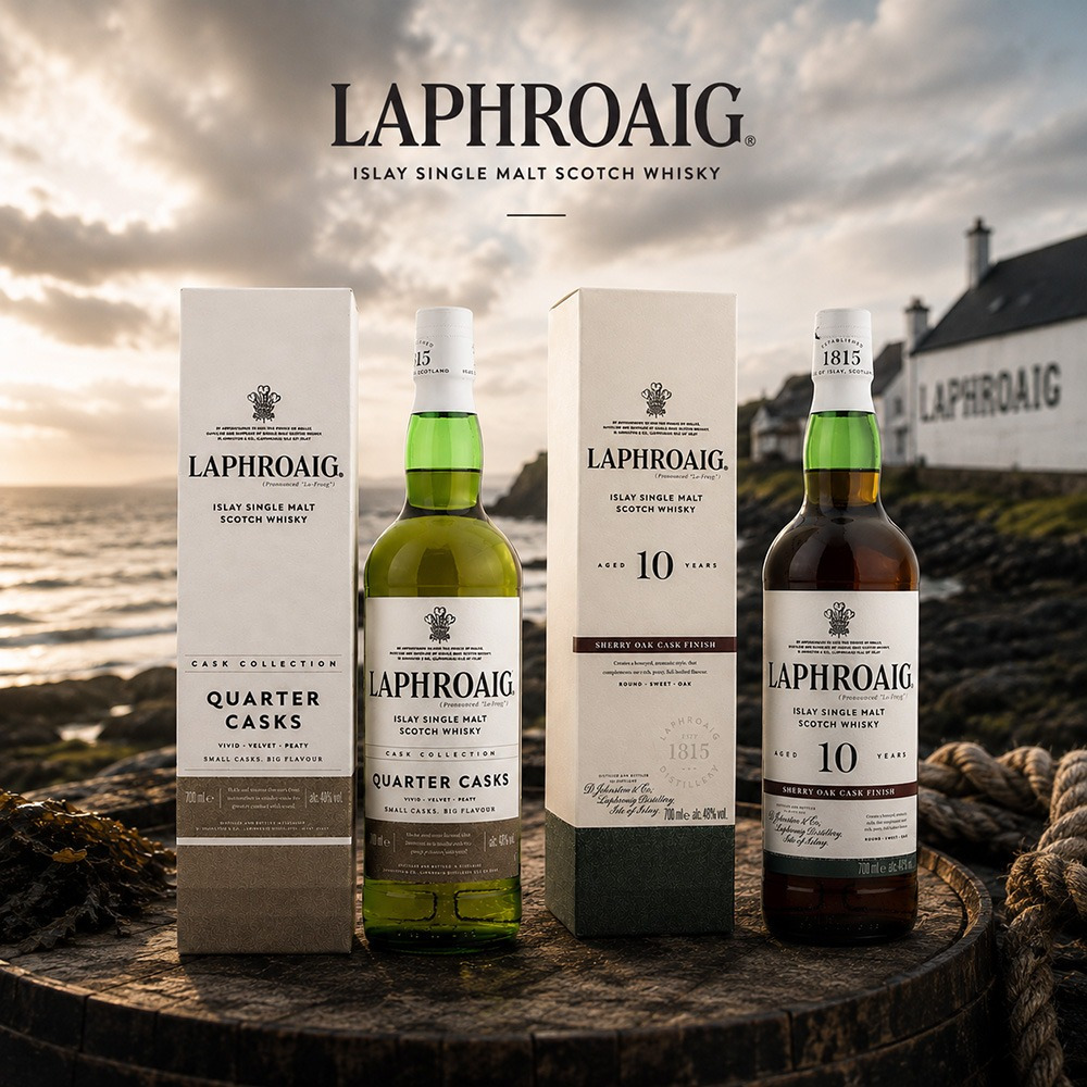 Laphroaig auf einem Fass vor der Brennerei
