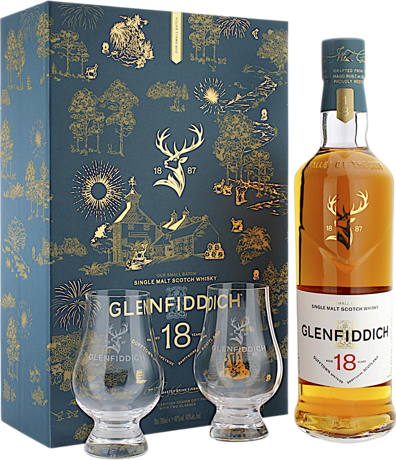 Glenfiddich 18 Jahre Limited Design Geschenkset mit 2 Glencairn Gläsern 40.0% 0,7l