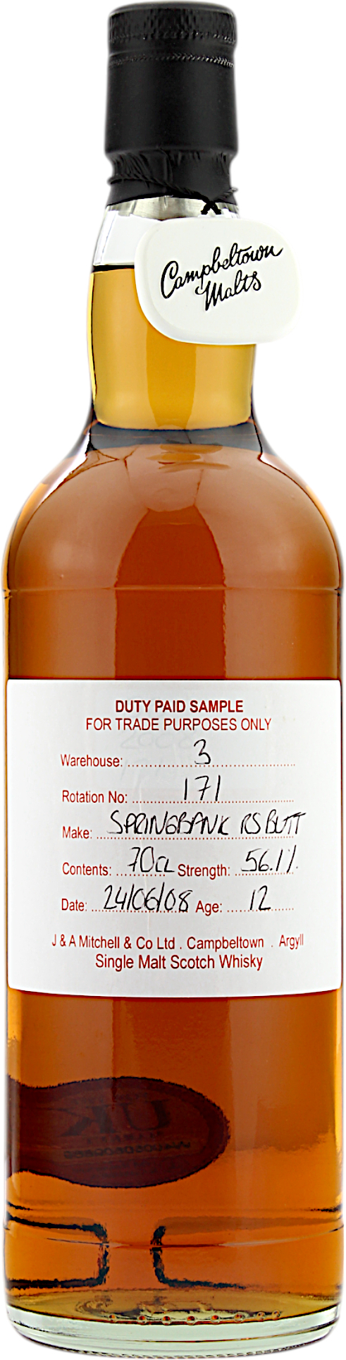 Springbank 12 Jahre 2008 Refill Sherry Butt Duty Paid Sample - For Trade Purposes Only 56.1% 0,7l