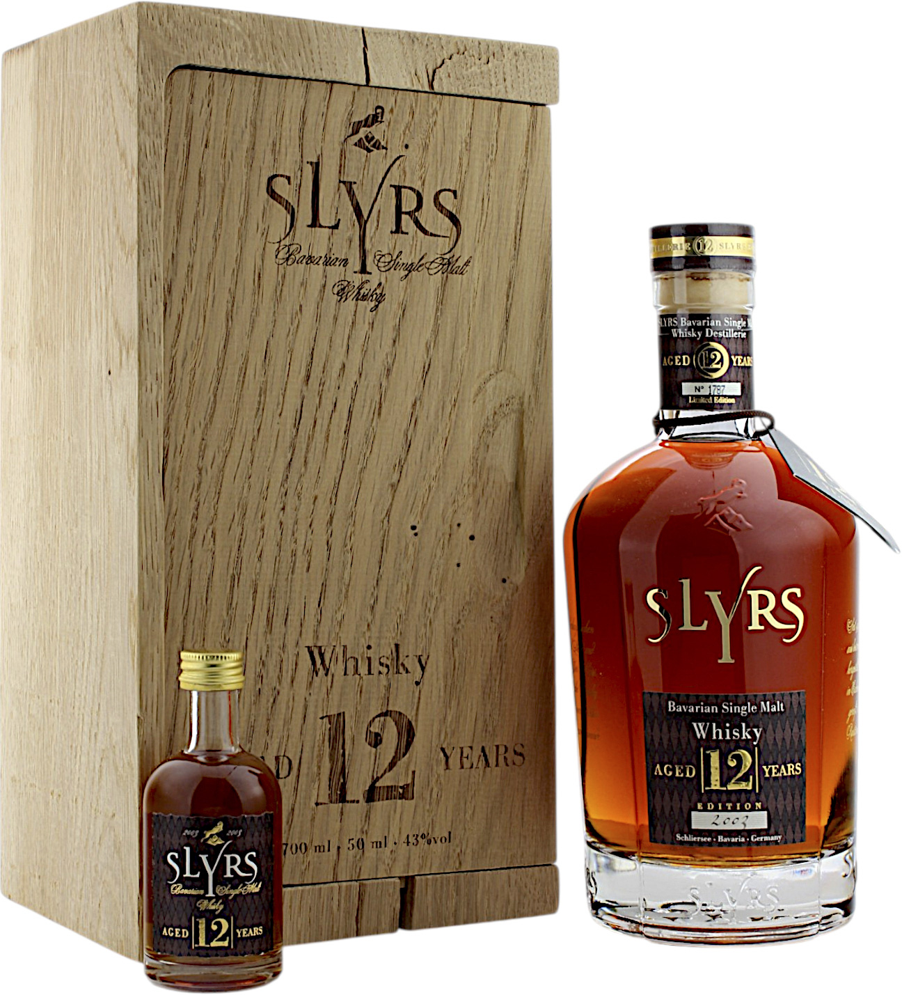 Slyrs 12 Jahre 2003 Batch 1 im Eichenholzblock mit Miniatur 43.0% 0,75l