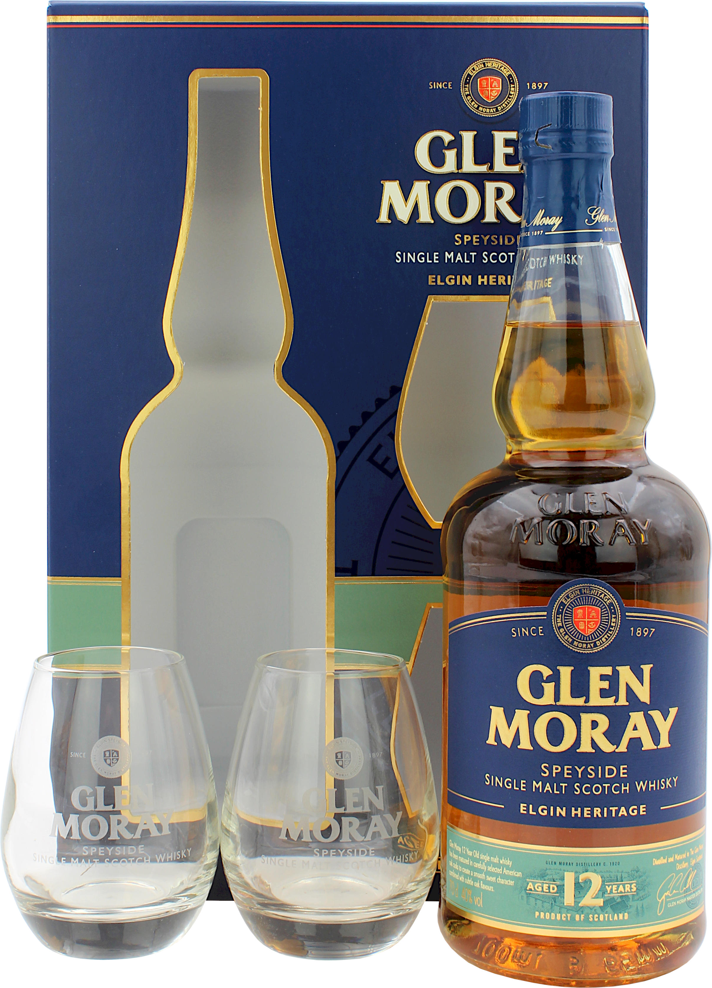 Glen Moray 12 Jahre Geschenkset mit 2 Gläsern 40.0% 0,7l