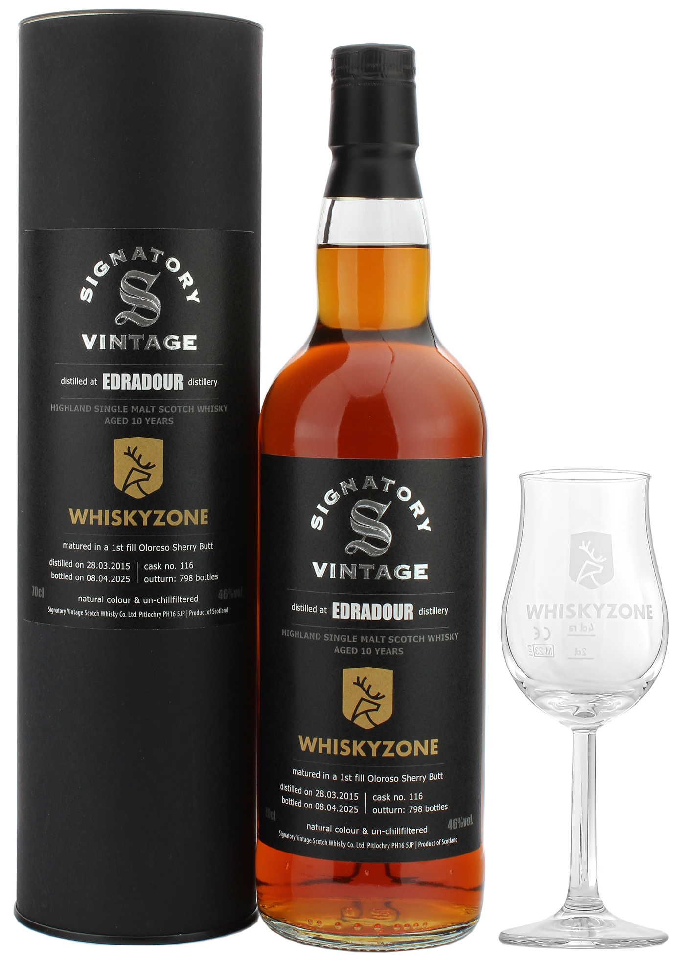 Whiskyzone Club: Mitgliedsabfüllung mit Glas -  Edradour 10 Jahre 2015/2025 Oloroso Sherry Single Cask Whiskyzone 46.0% 0,7l