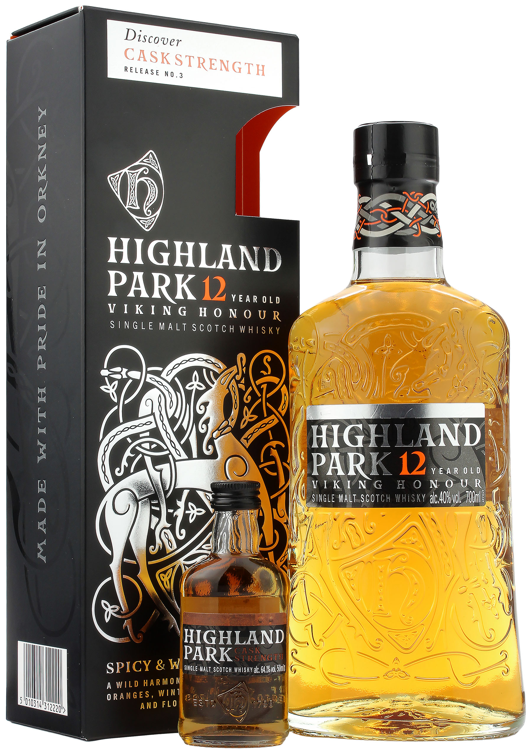 Highland Park 12 Jahre Geschenkset mit Miniatur Highland Cask Strength Batch 3 41.6% 0,75l