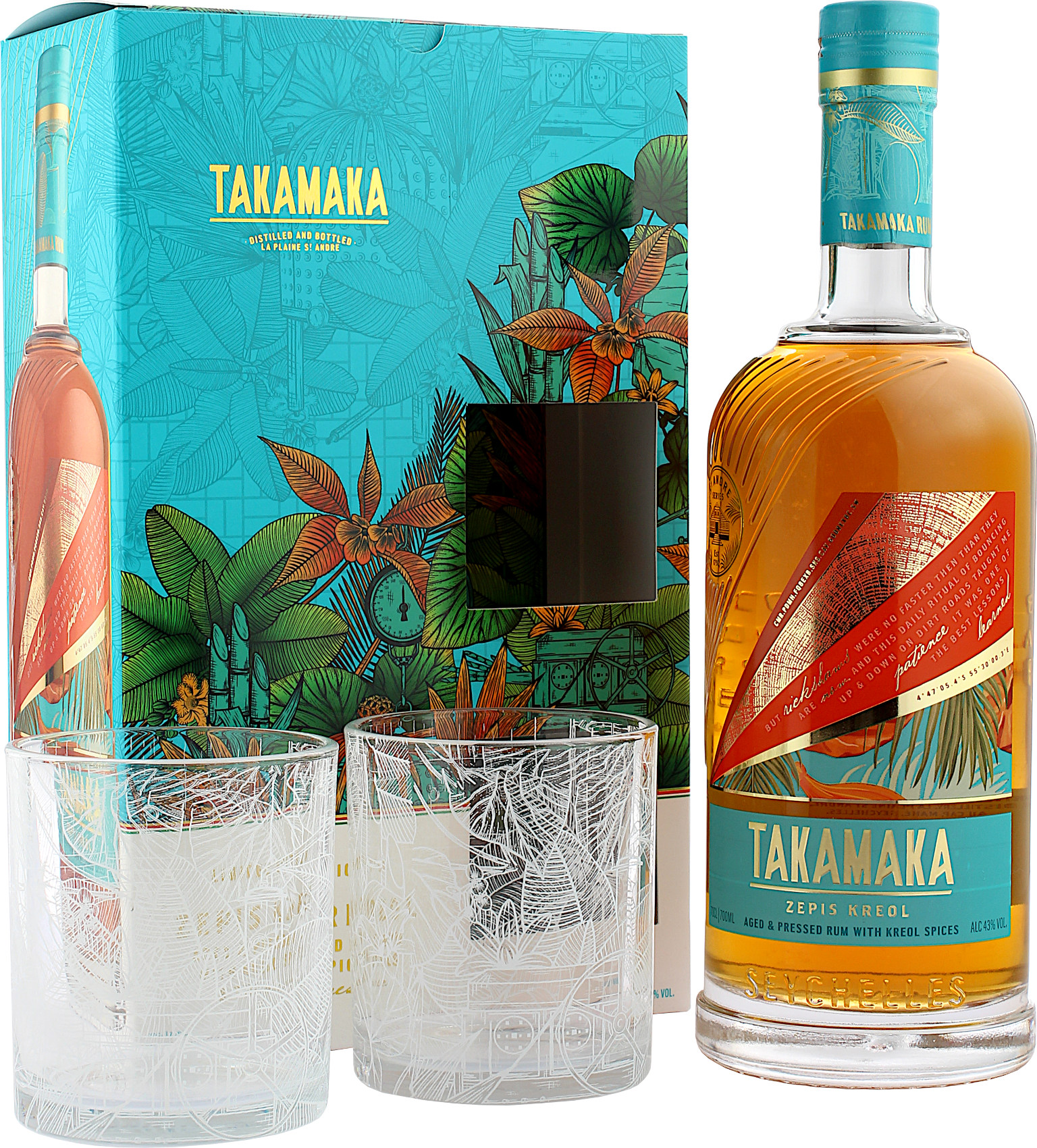 Takamaka Zepis Kreol Spiced Rum Geschenkset mit zwei Gläsern 43.0% 0,7l