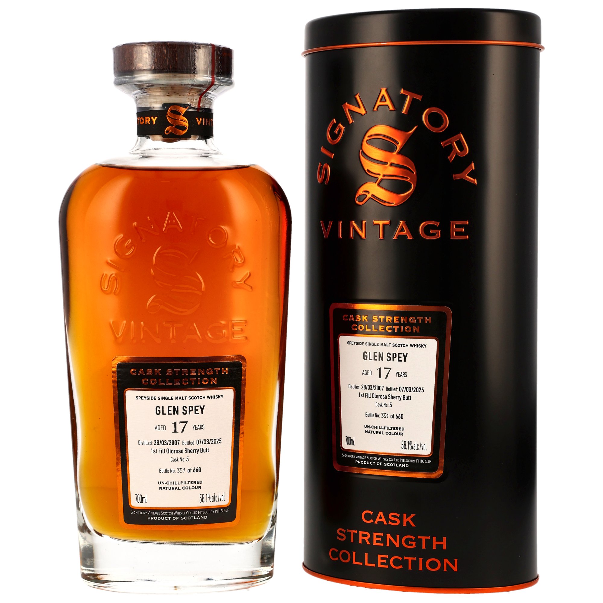 Glen Spey 17 Jahre 2007/2025 1st Fill Oloroso Sherry Butt #5 Signatory Cask Strength 58.1% 0,7l