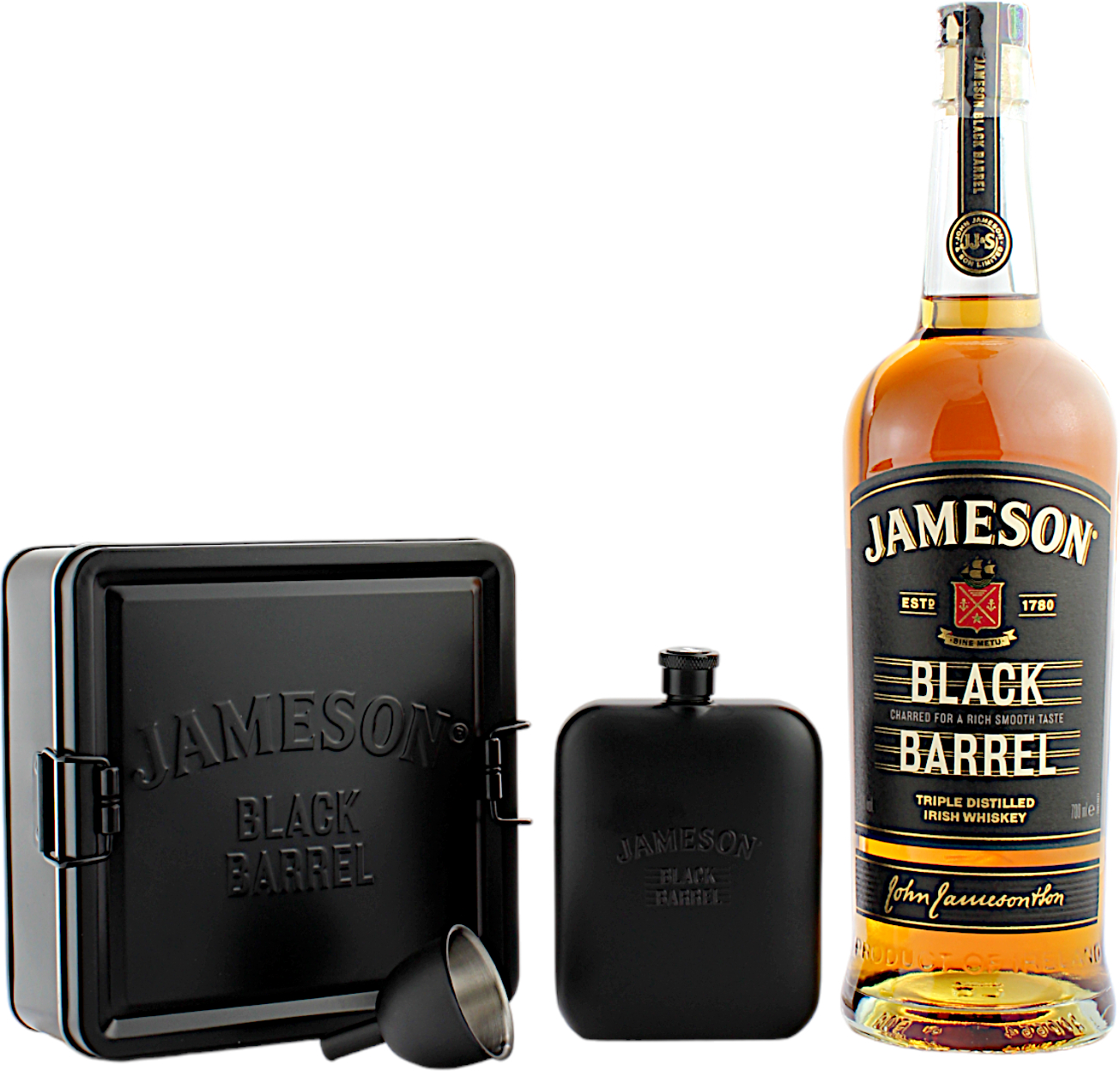 Jameson Black Barrel Geschenkset Flachmann und Trichter in Metallbox 40.0% 0,7l