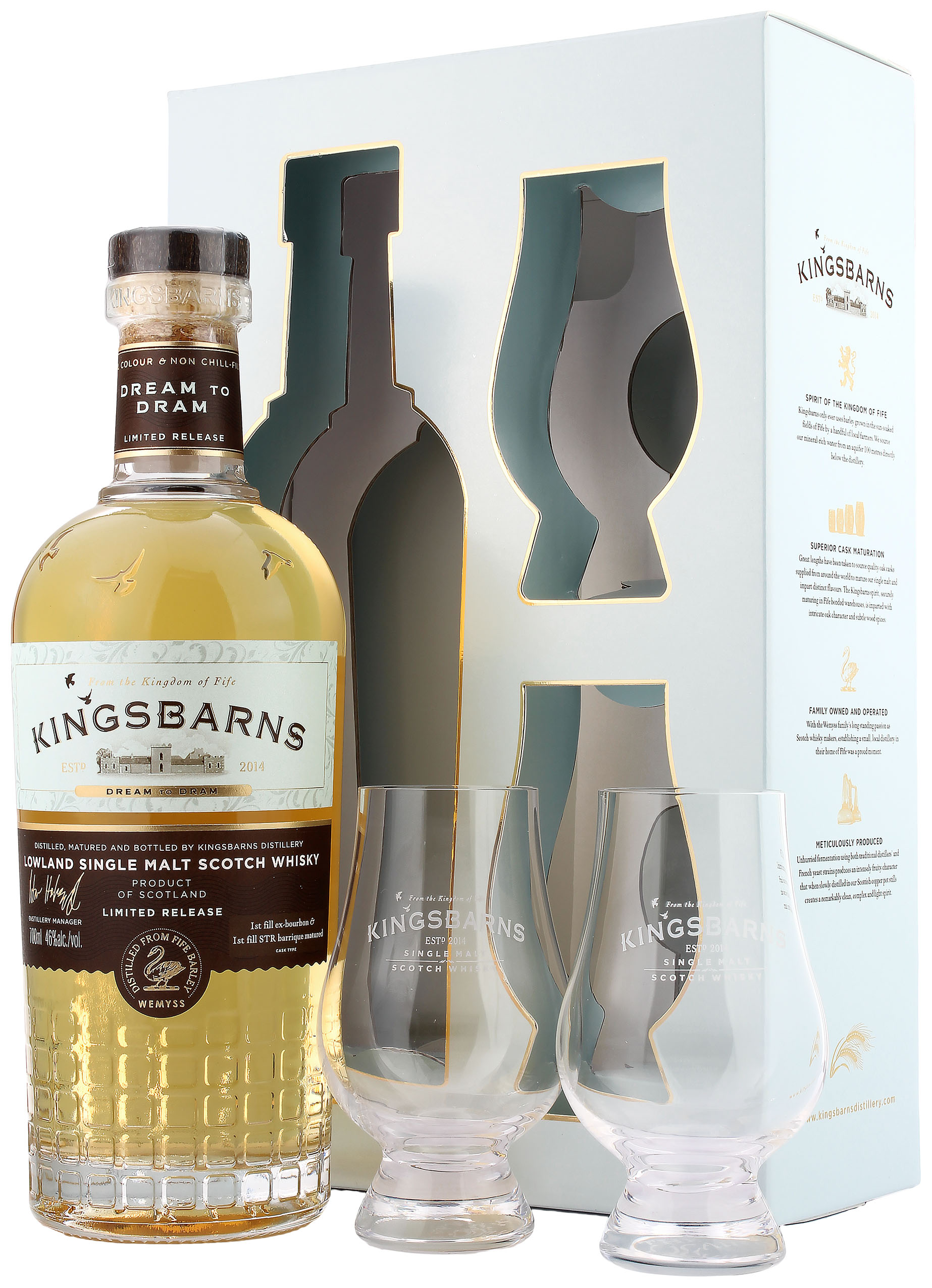 Kingsbarns Dream to Dram Geschenkset mit zwei Gläsern 46.0% 0,7l