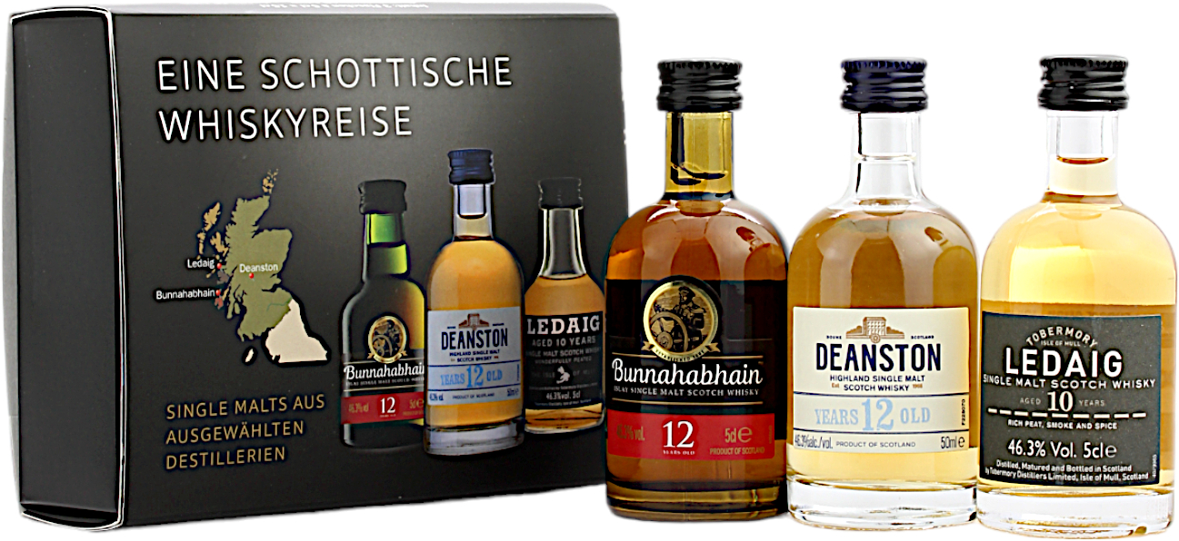 Single Malt Miniaturenset - Eine schottische Whiskyreise - Bunnahabhain, Deanston und Ledaig 46.3% 3x50ml