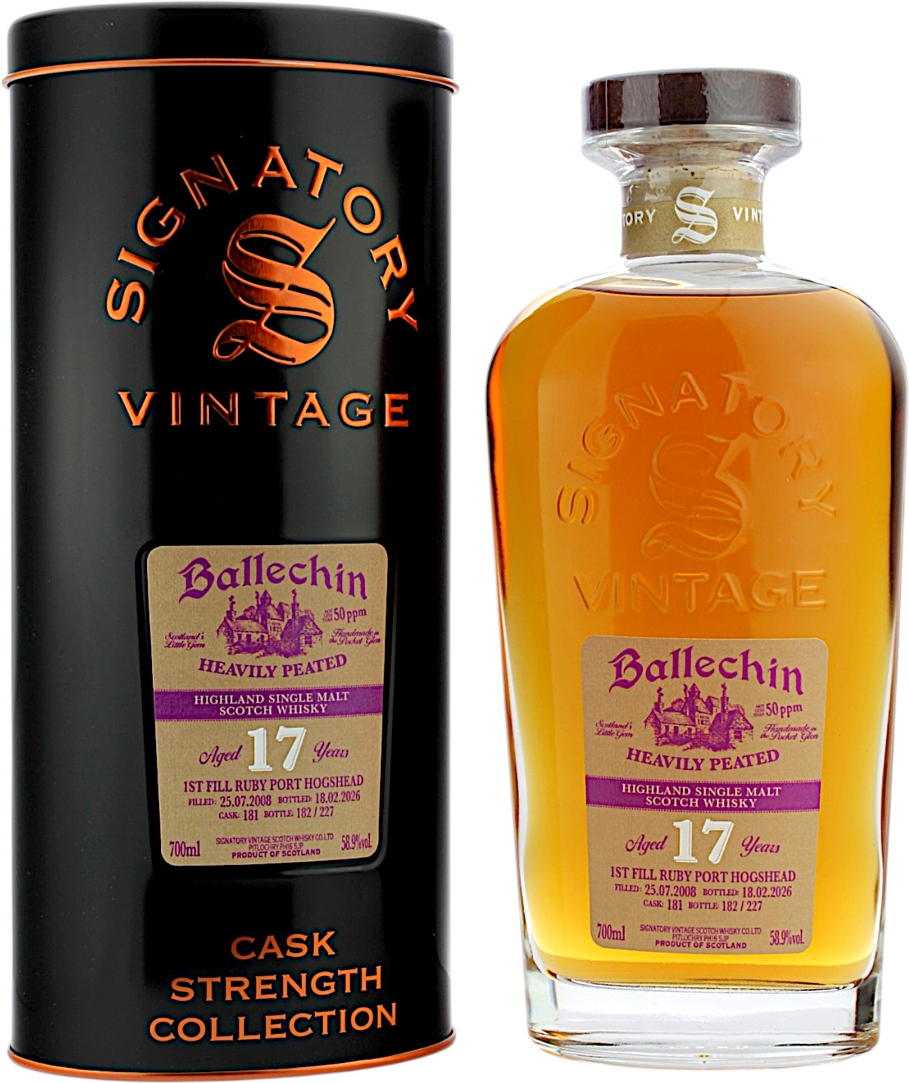 Ballechin 17 Jahre 2008/2026 1st Fill Ruby Port Hogshead #181 Signatory Cask Strength 58.9% 0,7l